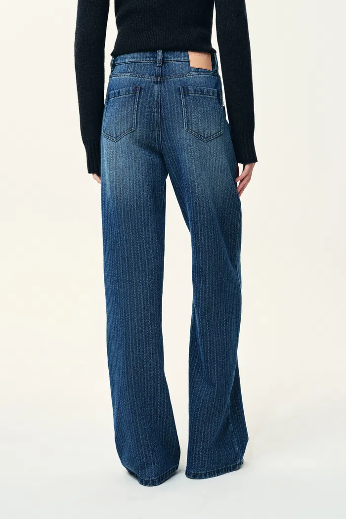 Colette Striped Washed Blue Patch Pocket Jacket and Jeans Matching Set in Herringbone Denim - Image 5