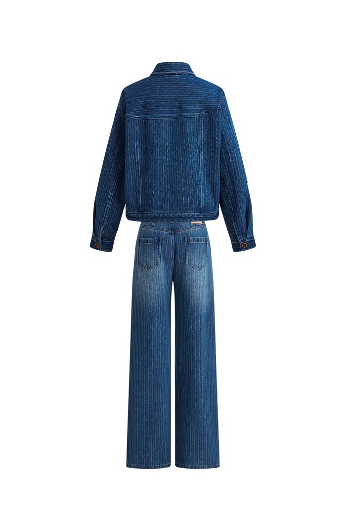 Colette Striped Washed Blue Patch Pocket Jacket and Jeans Matching Set in Herringbone Denim - Image 7