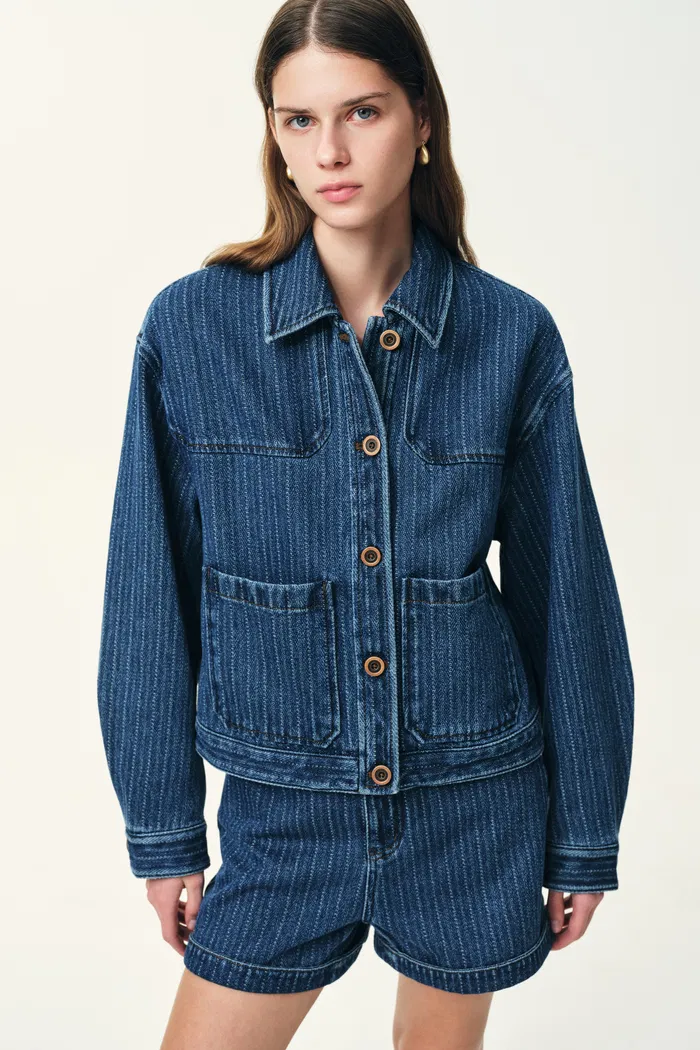 Colette Striped Washed Blue Patch Pocket Jacket and Shorts in Herringbone Denim - Image 2