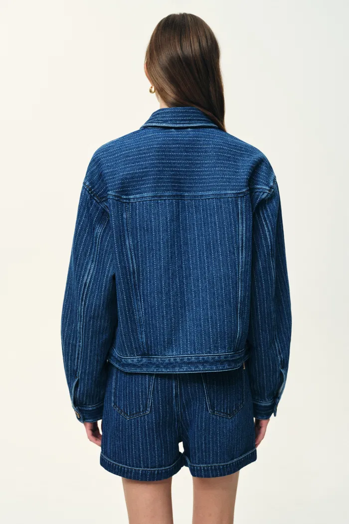 Colette Striped Washed Blue Patch Pocket Jacket and Shorts in Herringbone Denim - Image 3
