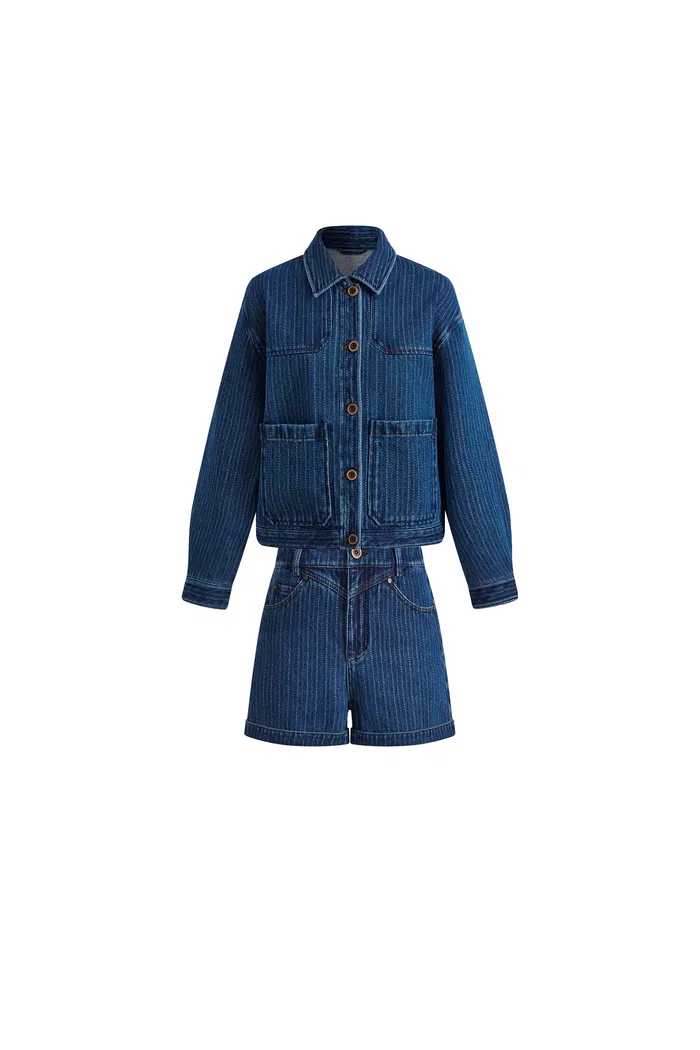 Colette Striped Washed Blue Patch Pocket Jacket and Shorts in Herringbone Denim - Image 7