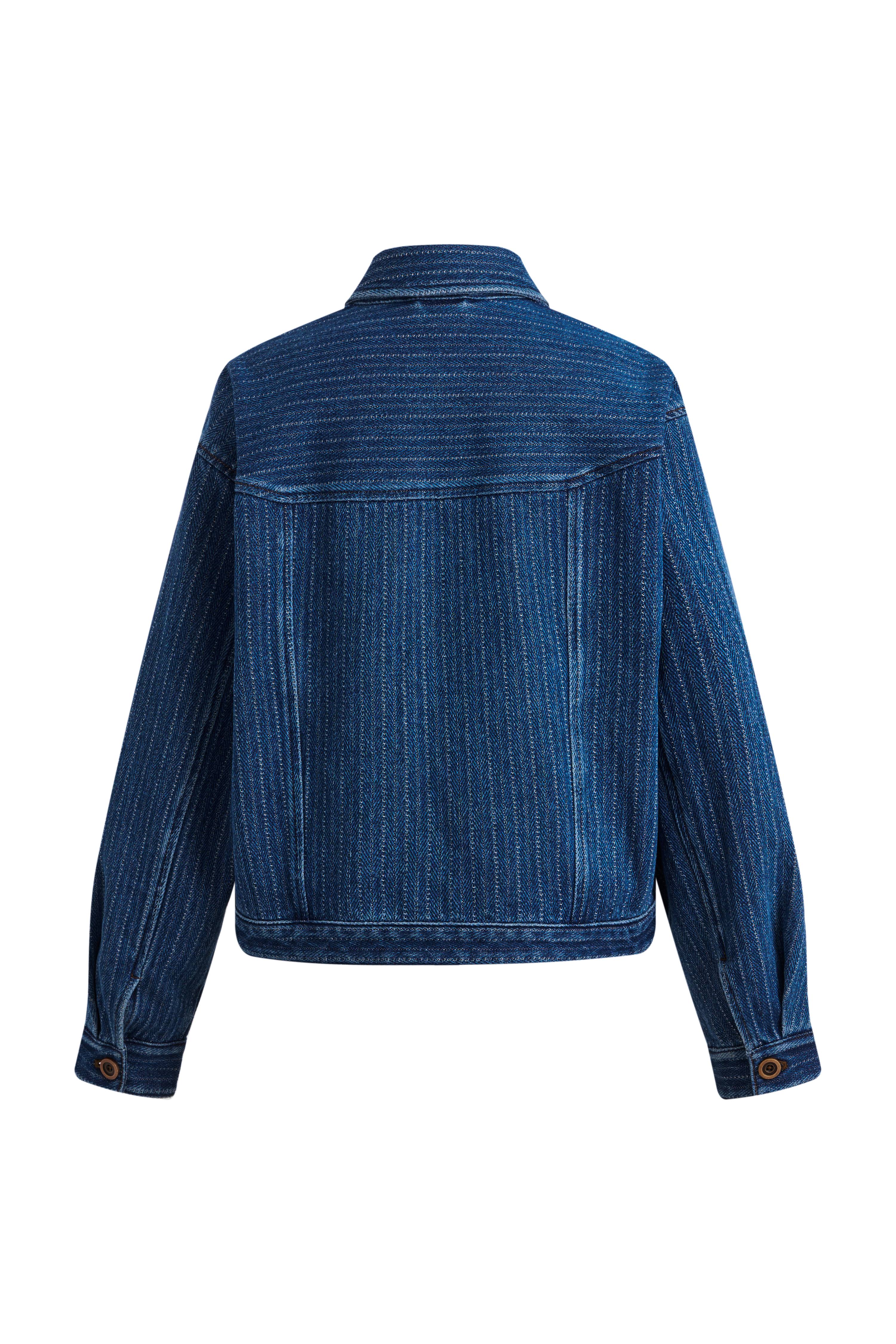 Colette Striped Washed Blue Patch Pocket Jacket in Herringbone Denim - Image 10