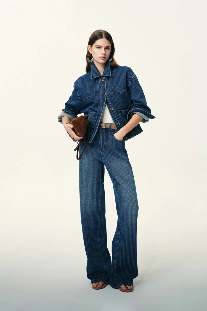 Colette Striped Washed Blue Patch Pocket Jacket in Herringbone Denim - Image 2