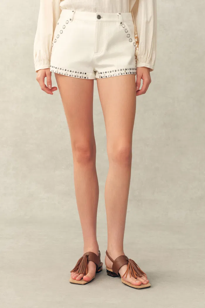 Cori Boho Mother of Pearl Studded A Line Shorts in Cotton Denim
