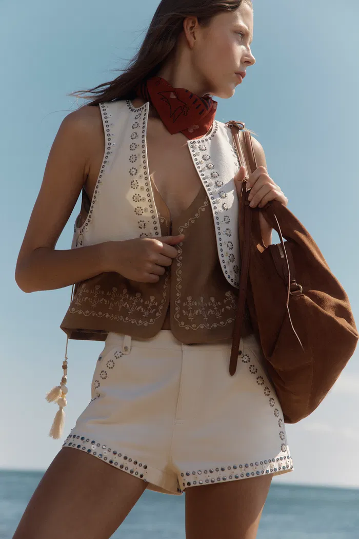 Cori Boho Mother of Pearl Studded A Line Shorts in Cotton Denim - Image 3