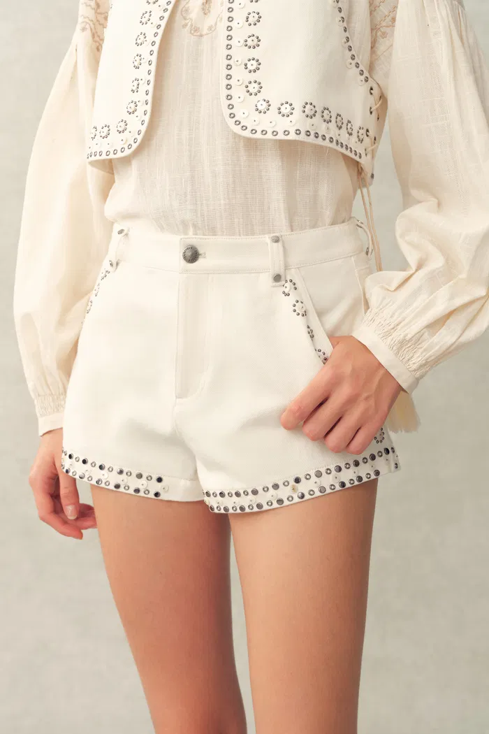 Cori Boho Mother of Pearl Studded A Line Shorts in Cotton Denim - Image 4