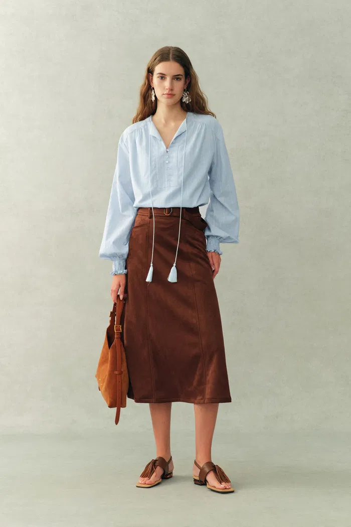 Crepus Striped Fringe-Tie French Shirt In Cotton Jacquard