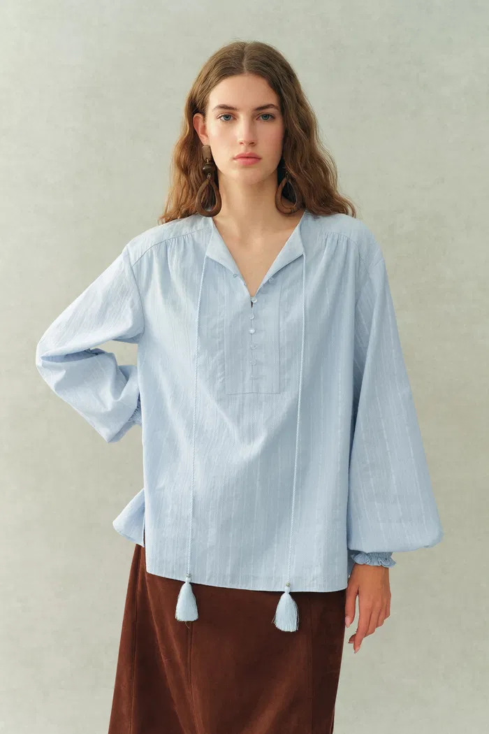 Crepus Striped Fringe-Tie French Shirt In Cotton Jacquard - Image 2