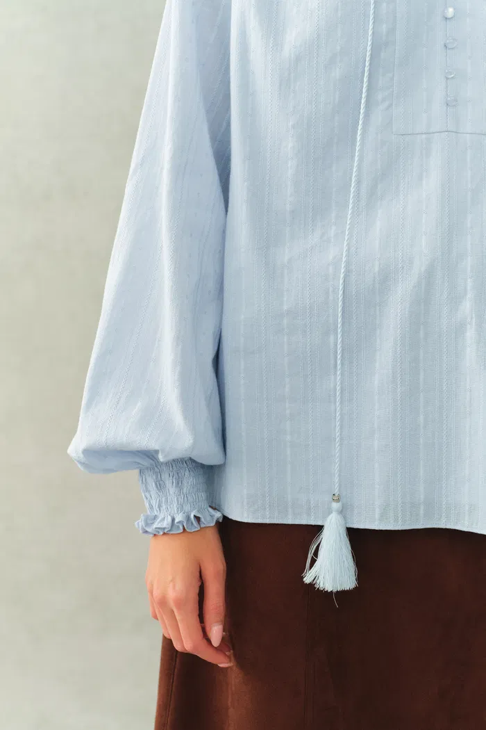 Crepus Striped Fringe-Tie French Shirt In Cotton Jacquard - Image 5