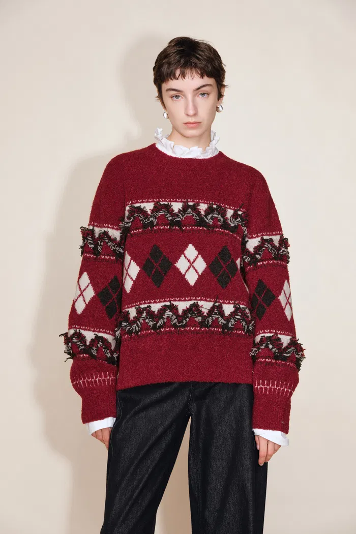 Crimson 3D Argyle Sweater in Merino Wool Loop Bouclé Yarn - Image 2