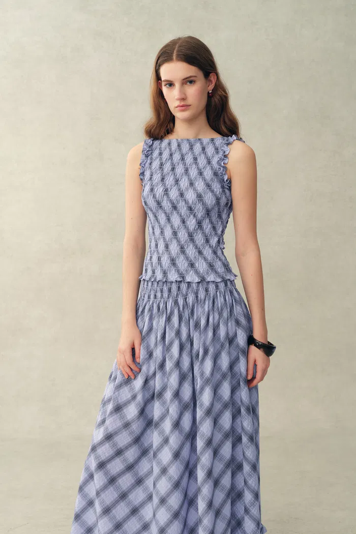 Crystal Handworked Sleeveless Plaid Top and Skirt Set in Stretch Bubble Cotton - Image 2