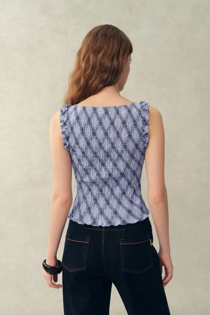 Crystal Handworked Sleeveless Plaid Top and Skirt Set in Stretch Bubble Cotton - Image 3