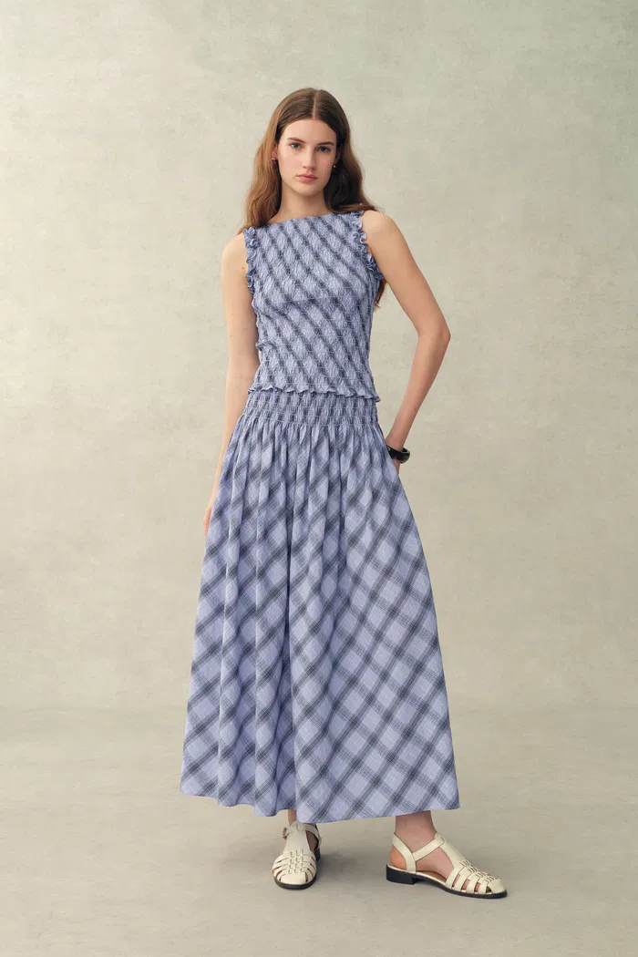 Crystal Smocked A Line Plaid Skirt in Stretch Bubble Cotton - Image 2