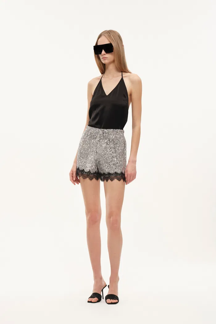 Crystalline Silver Sequin Lace Trim Shorts in Sequin Mesh - Image 3