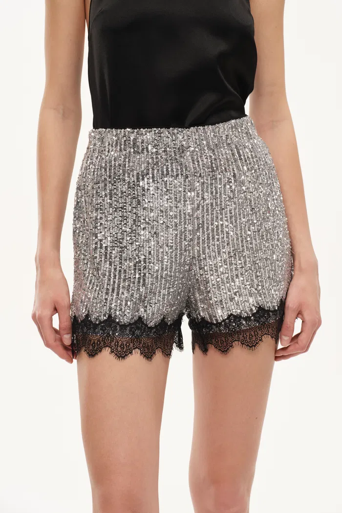 Crystalline Silver Sequin Lace Trim Shorts in Sequin Mesh - Image 4