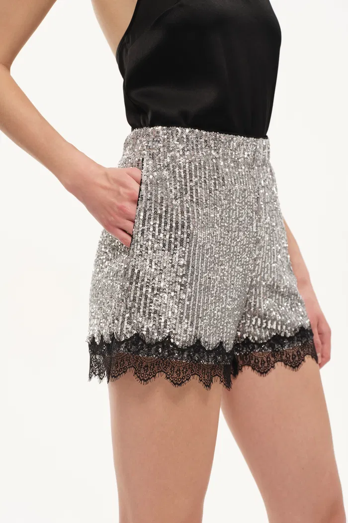 Crystalline Silver Sequin Lace Trim Shorts in Sequin Mesh - Image 5