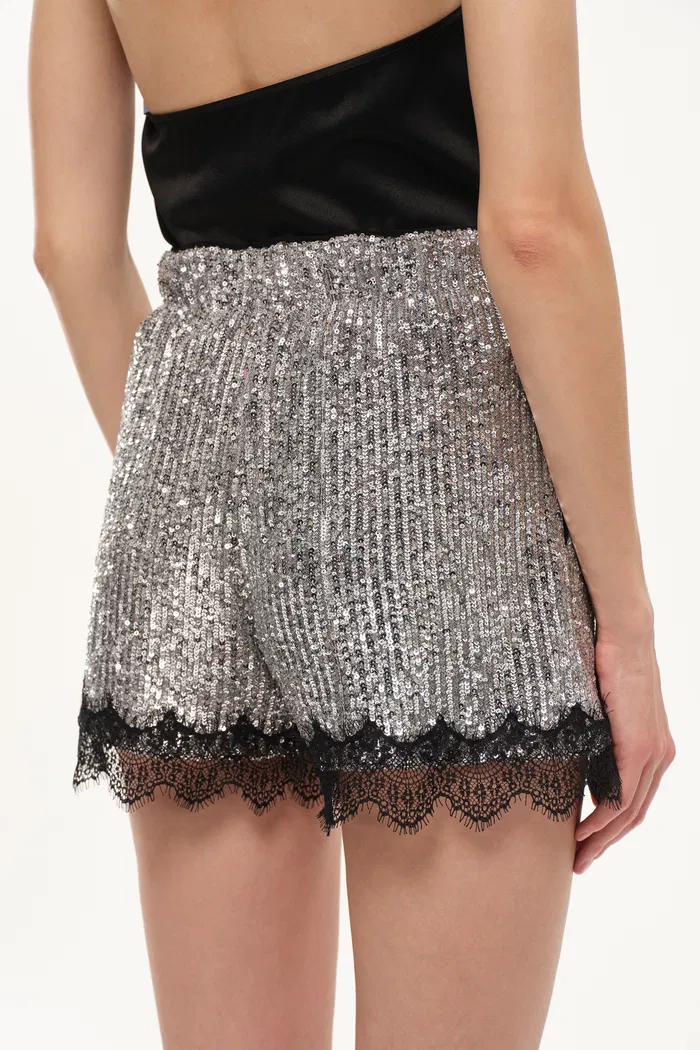 Crystalline Silver Sequin Lace Trim Shorts in Sequin Mesh - Image 6