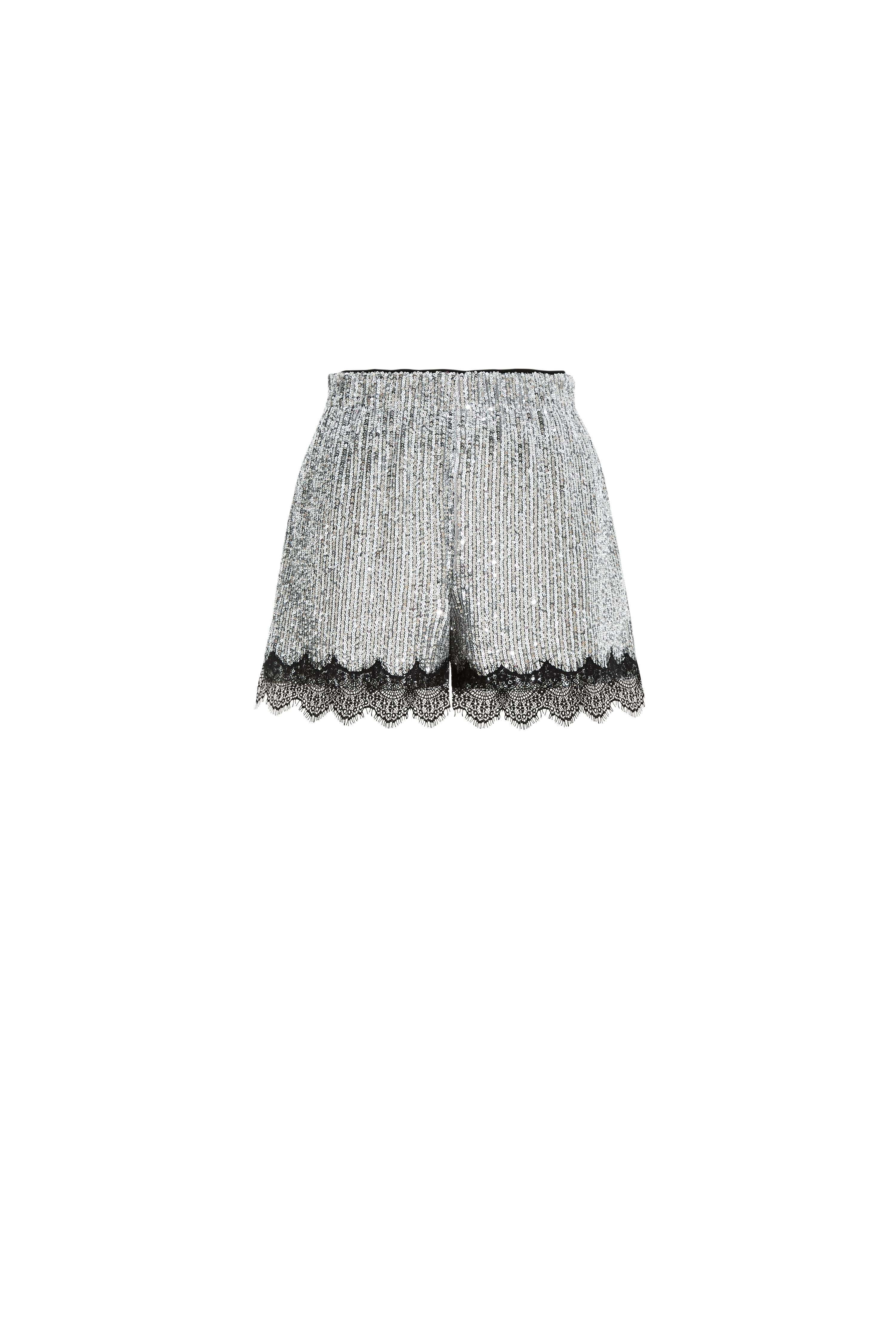 Crystalline Silver Sequin Lace Trim Shorts in Sequin Mesh - Image 7
