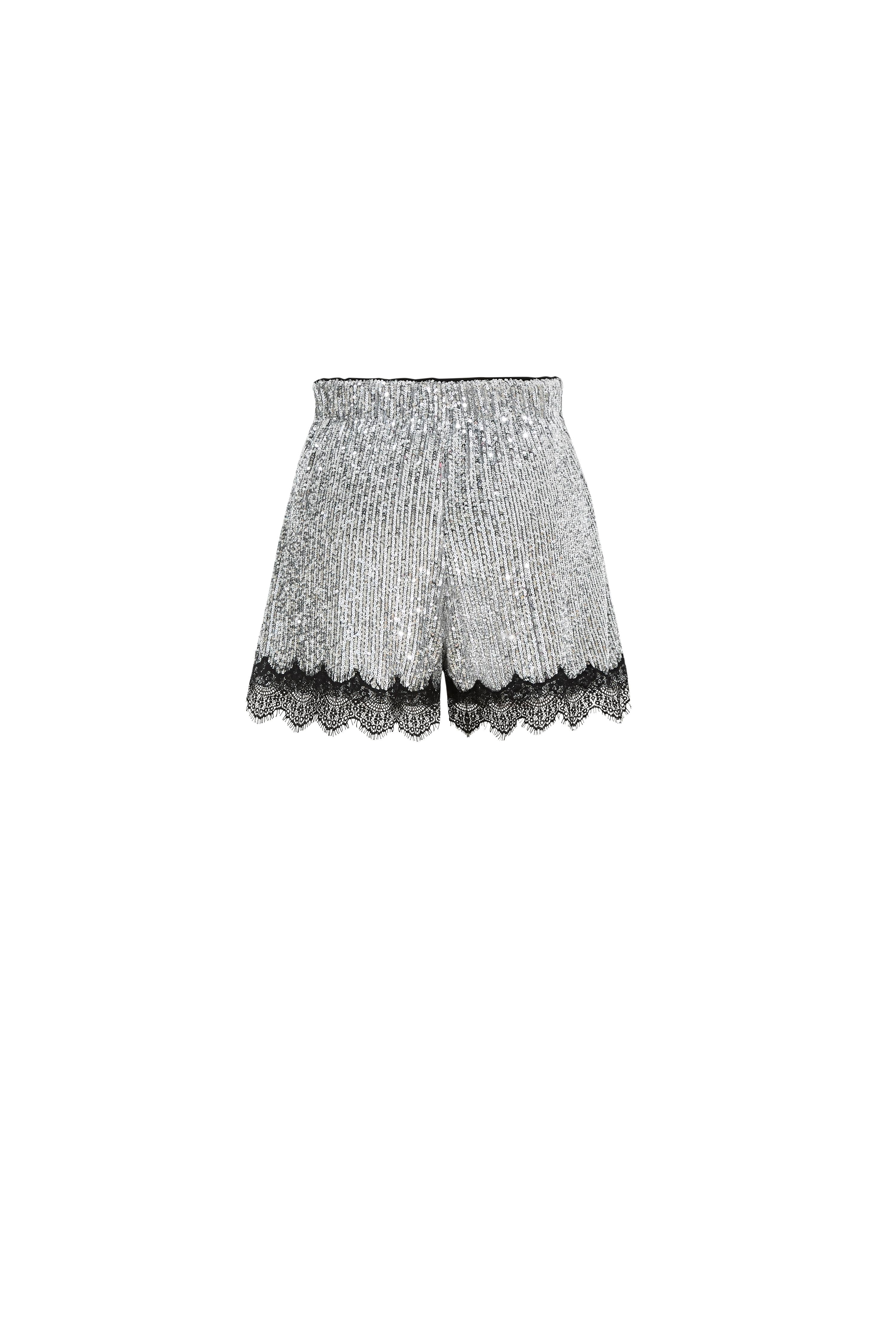 Crystalline Silver Sequin Lace Trim Shorts in Sequin Mesh - Image 8