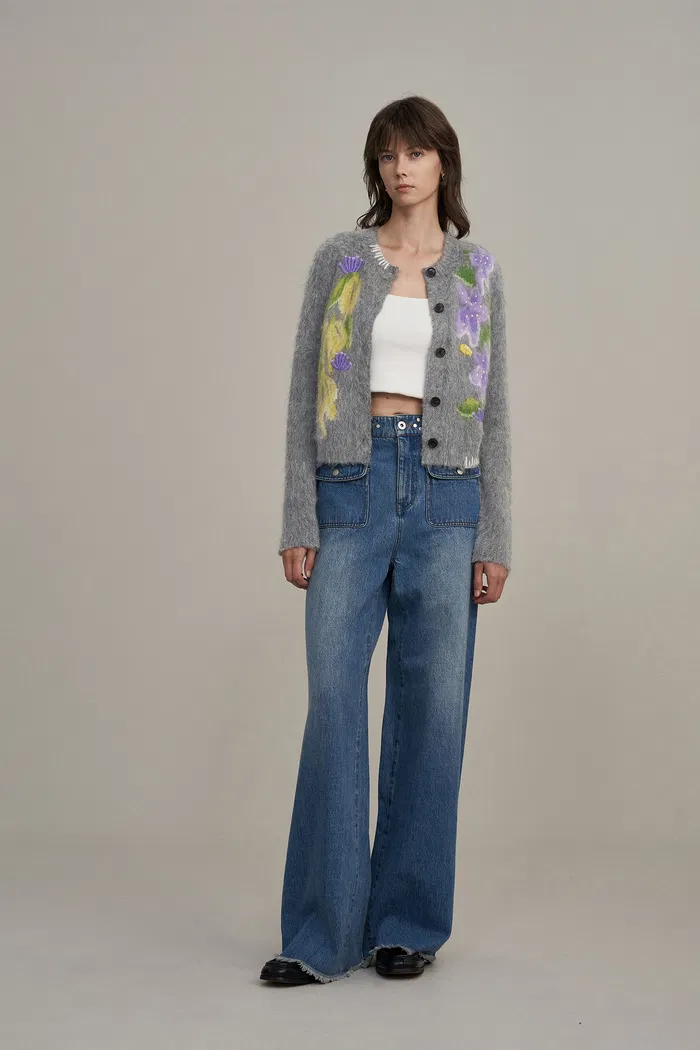 Cymbidium Hand Embroidered Cardigan in Alpaca Blend Knit - Image 4