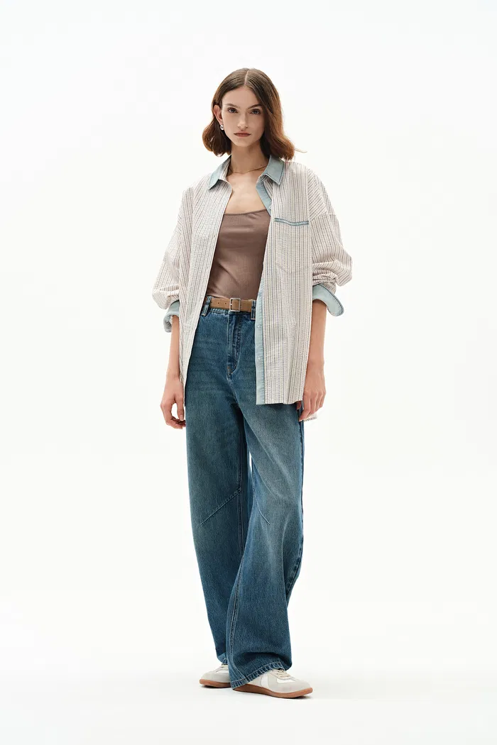Daisy Denim Collar Striped Shirt in Cotton Seersucker - Image 3