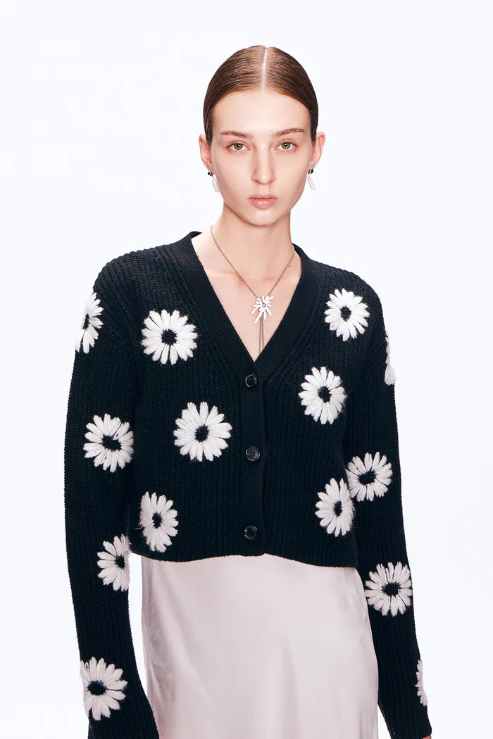 Daisy Embroidered Cardigan in Merino Wool Blend - Image 2