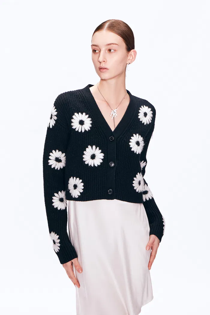 Daisy Embroidered Cardigan in Merino Wool Blend - Image 6