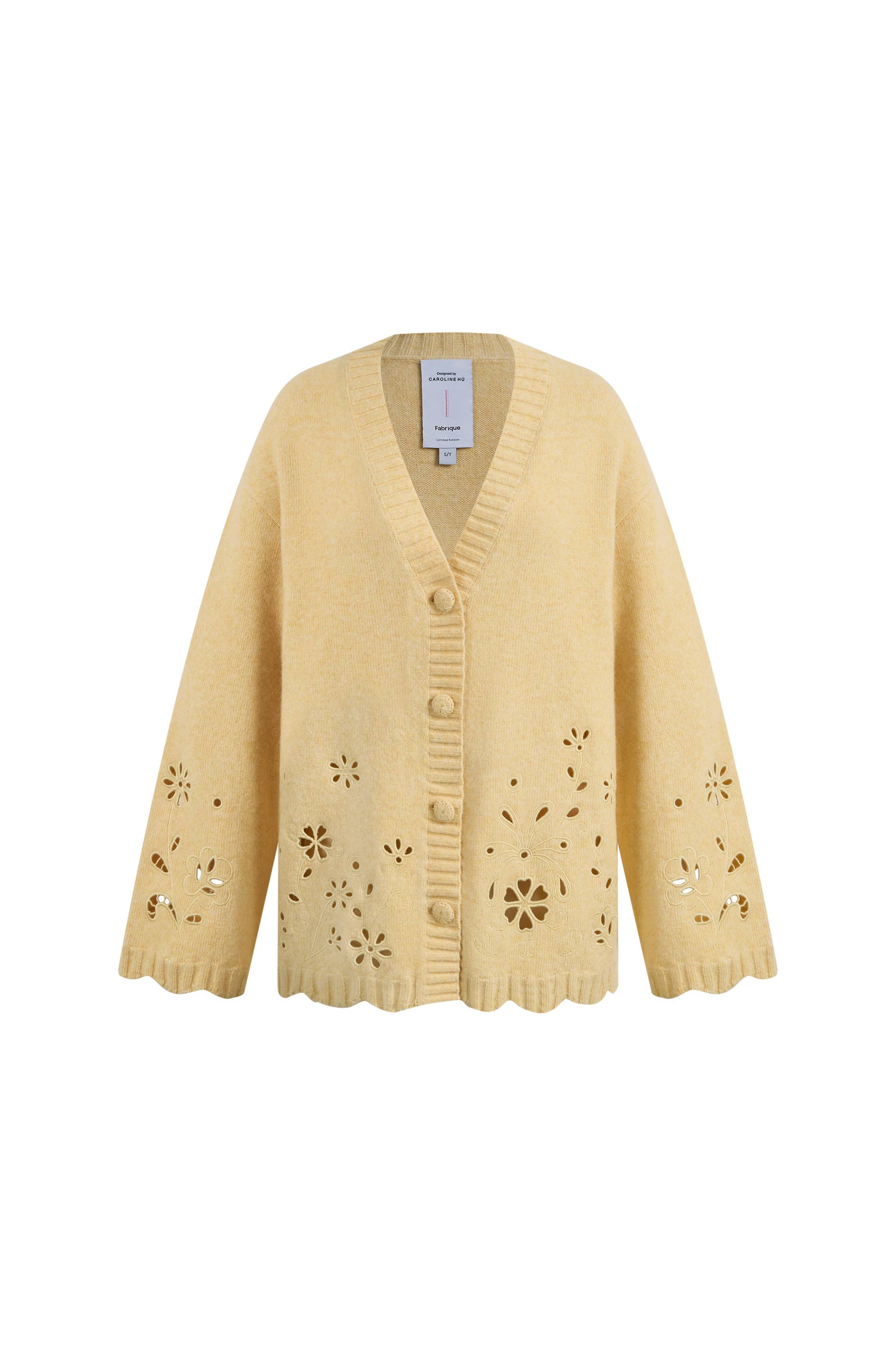 Daisy Openwork Embroidered Cardigan in Cotton Merino Wool Blend Knit - Image 8