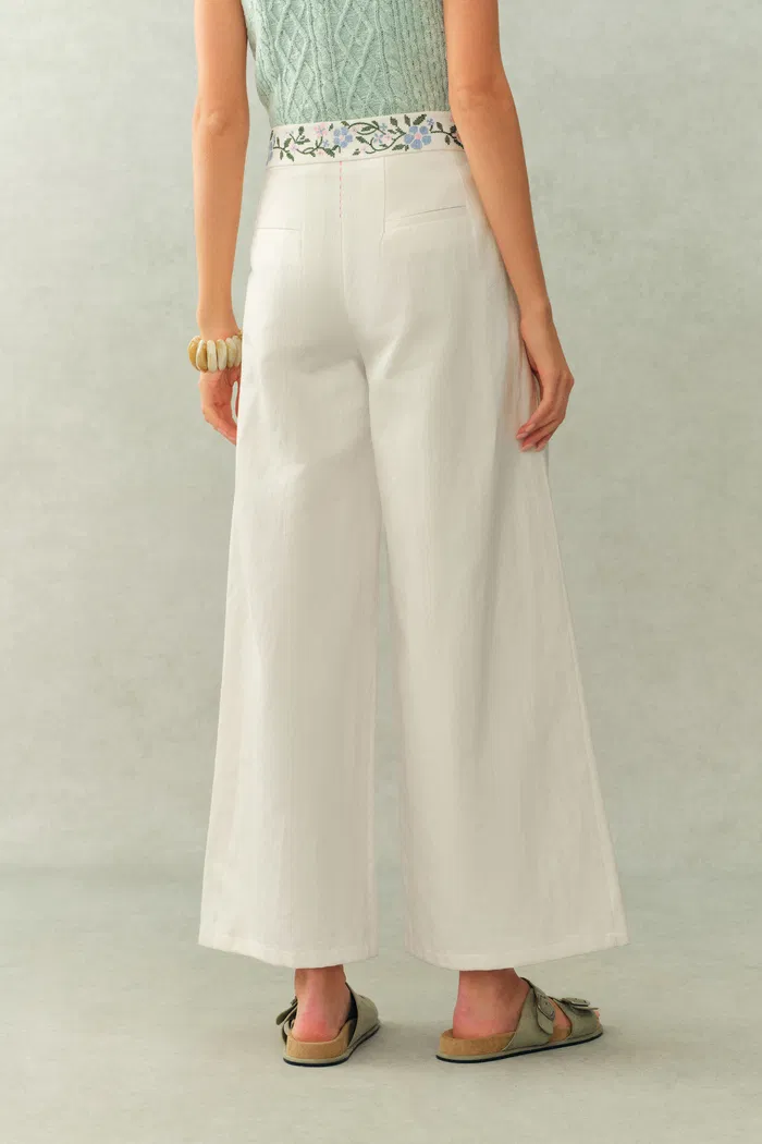 Danielle Waistband Embroidered Wide Leg Ankle Pants in Cotton Blend Texture - Image 4