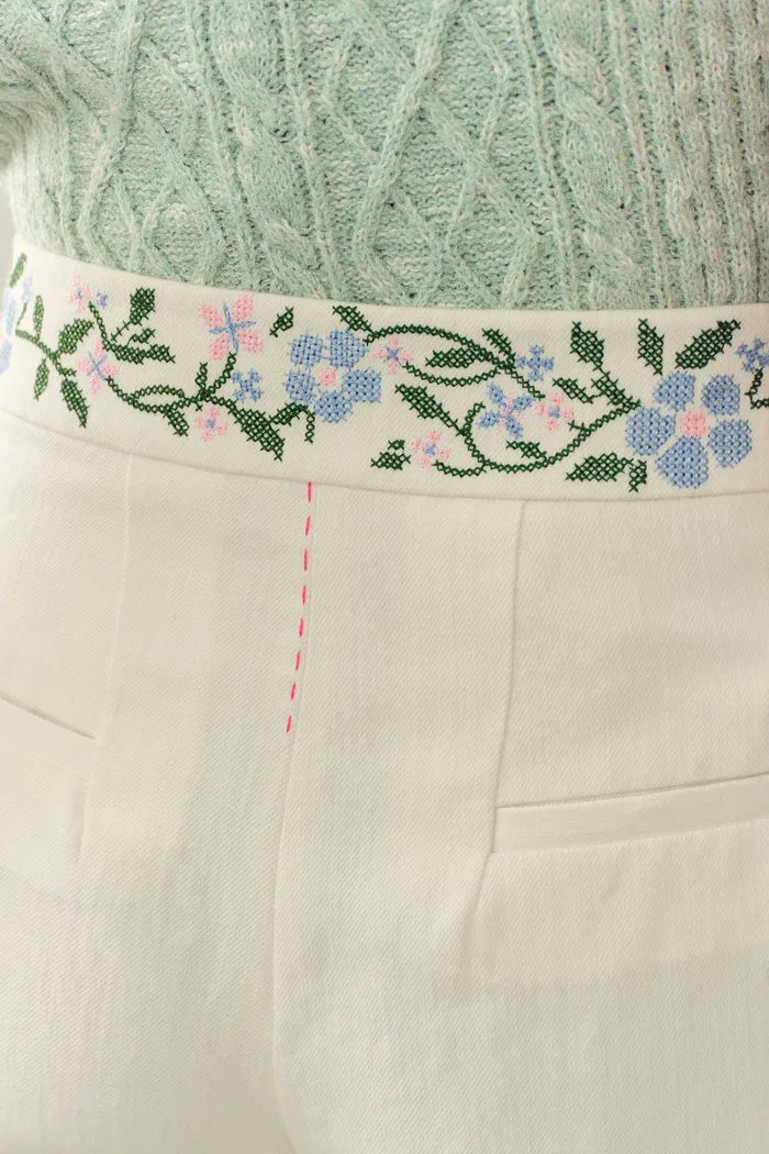 Danielle Waistband Embroidered Wide Leg Ankle Pants in Cotton Blend Texture - Image 7