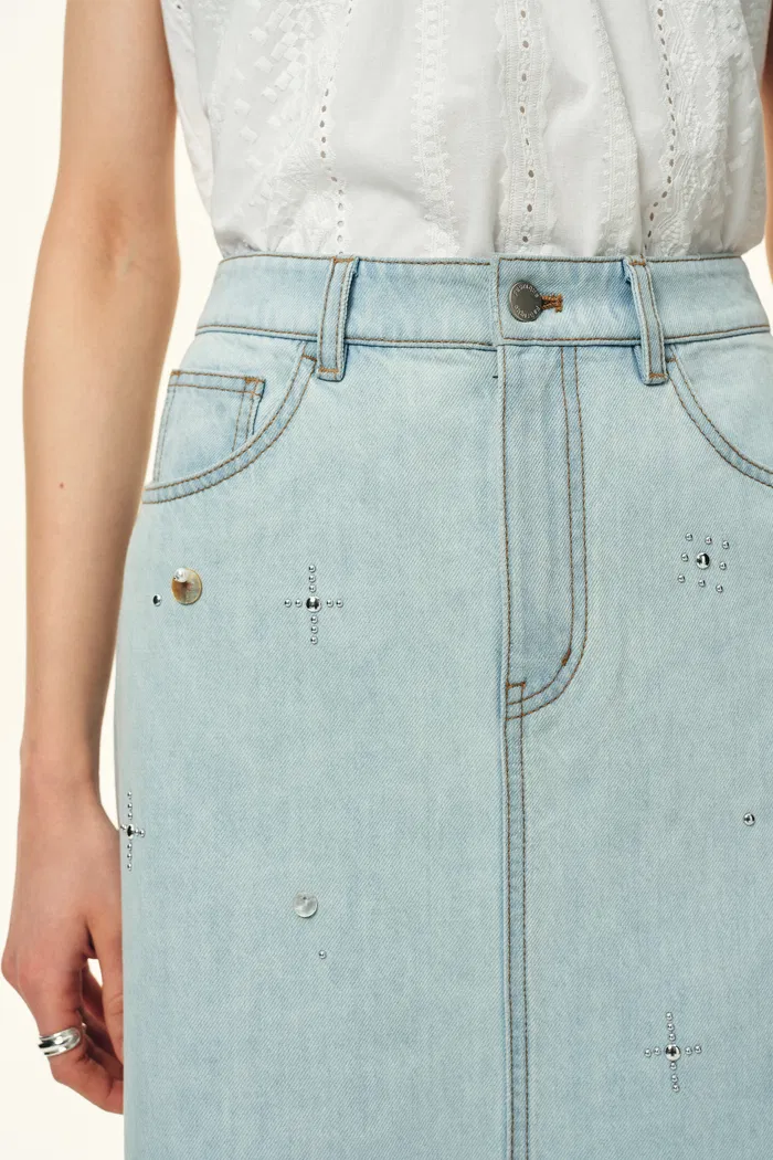 Delia Handwork Beading Midi Skirt in Cotton Denim - Image 5