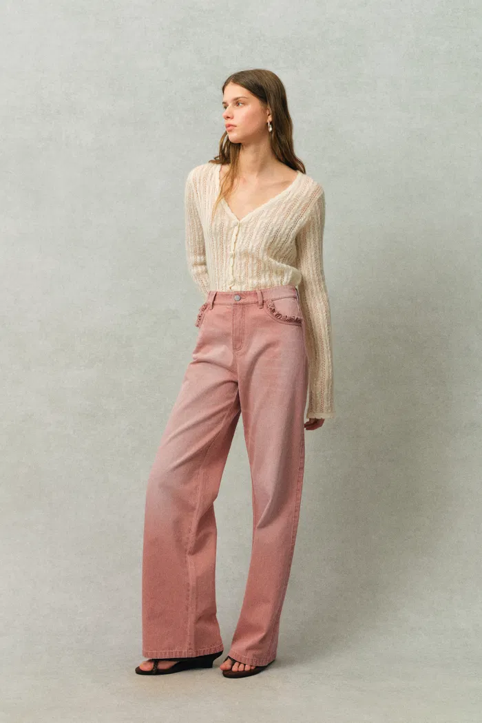Delphine Ruffled Hem Pink Jeans in Cotton Denim - Image 2
