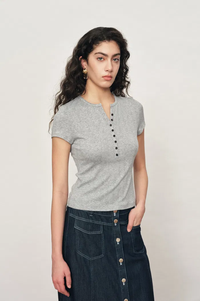 Devi Henley Collar Short Sleeve in Cotton Knit - Image 2