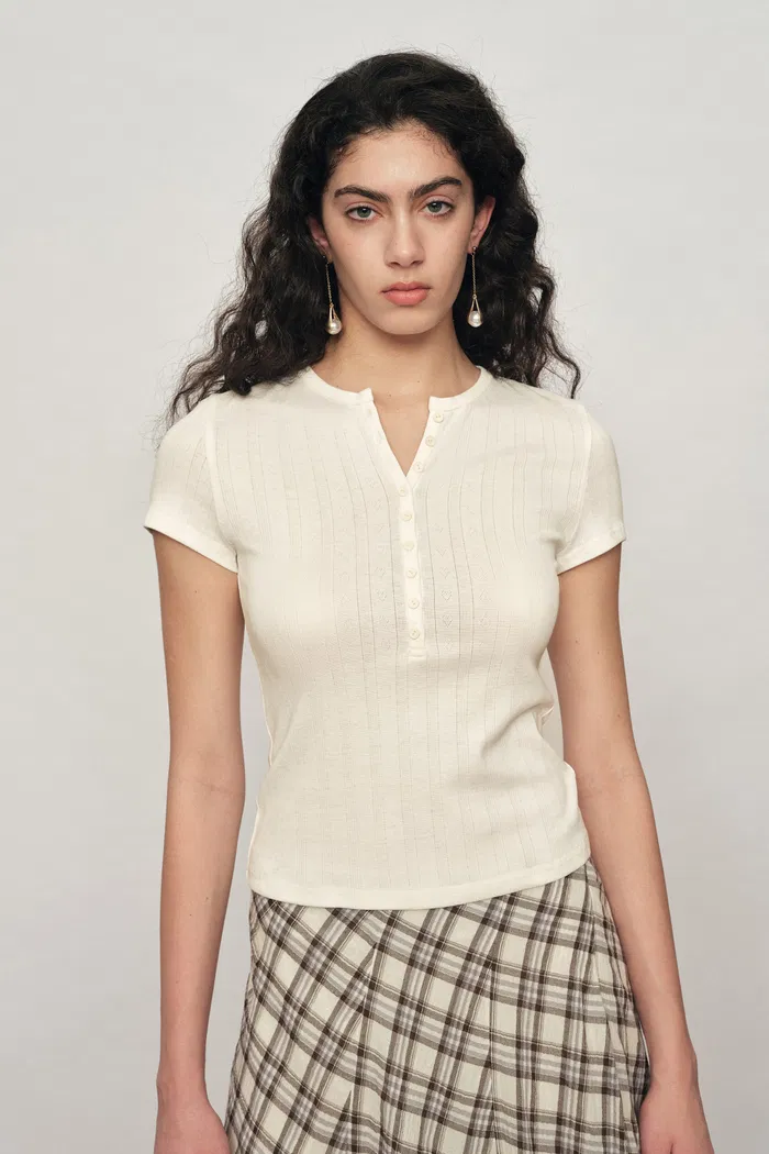 Devi Henley Collar Short Sleeve Top in Pointelle Knit - Image 2