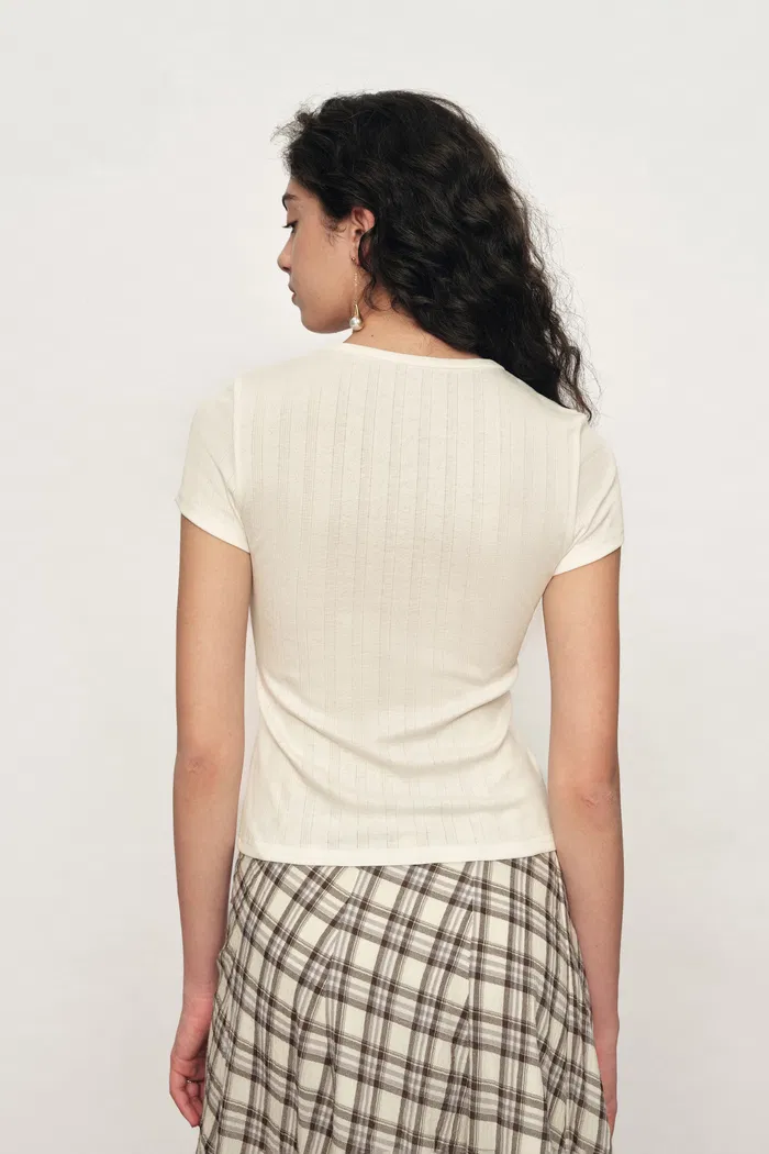 Devi Henley Collar Short Sleeve Top in Pointelle Knit - Image 3