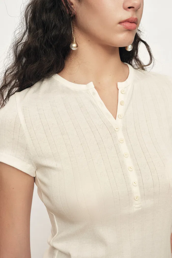 Devi Henley Collar Short Sleeve Top in Pointelle Knit - Image 4