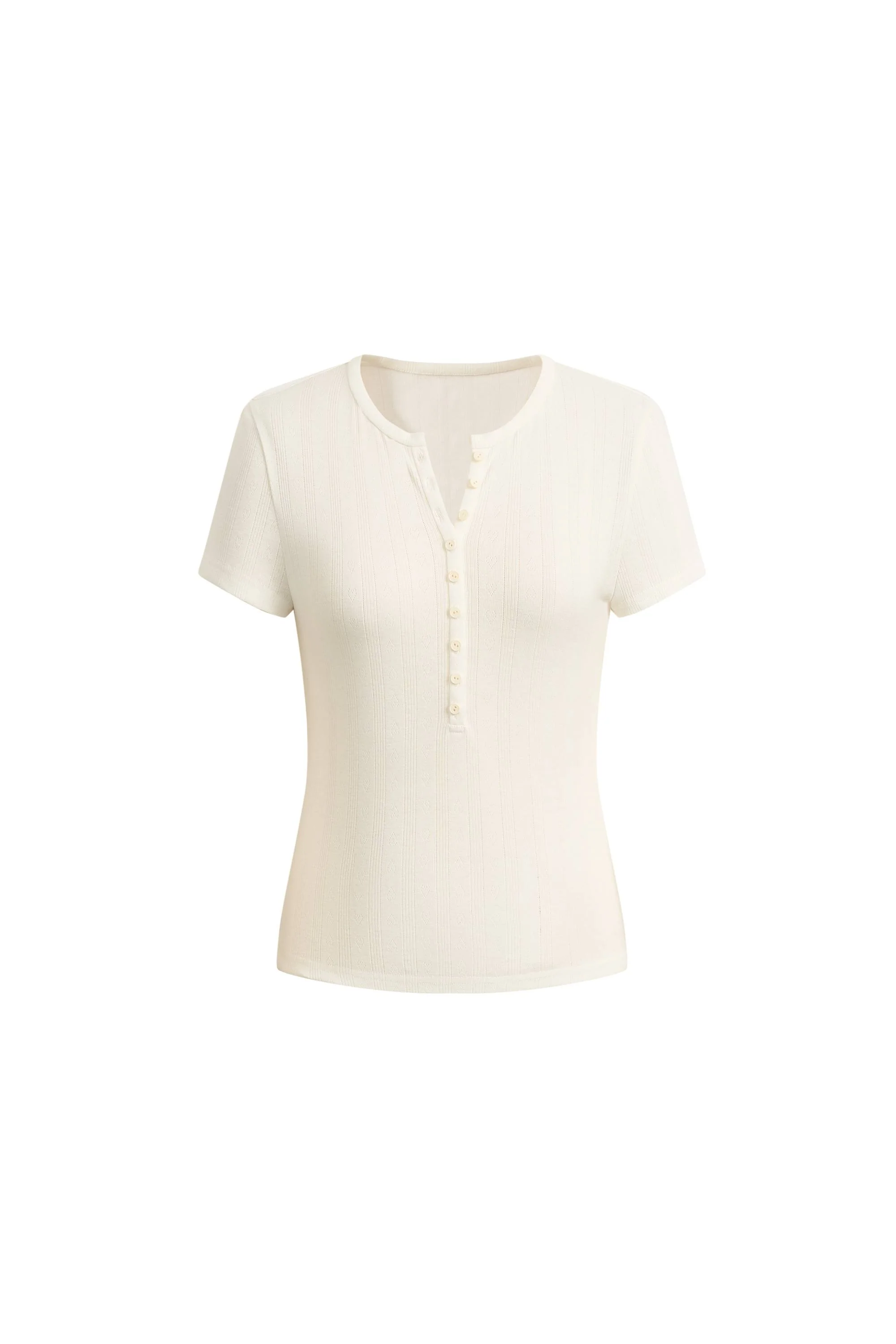 Devi Henley Collar Short Sleeve Top in Pointelle Knit - Image 5