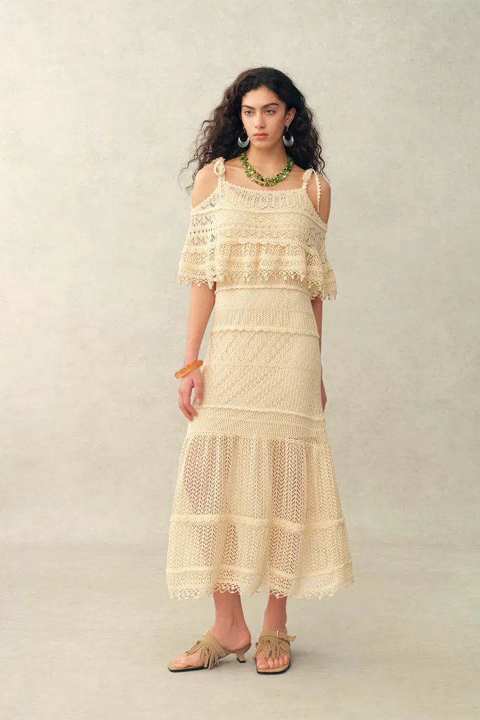 Dione Hand Crochet Detachable Capelet Knit Cami Dress in Linen Crochet