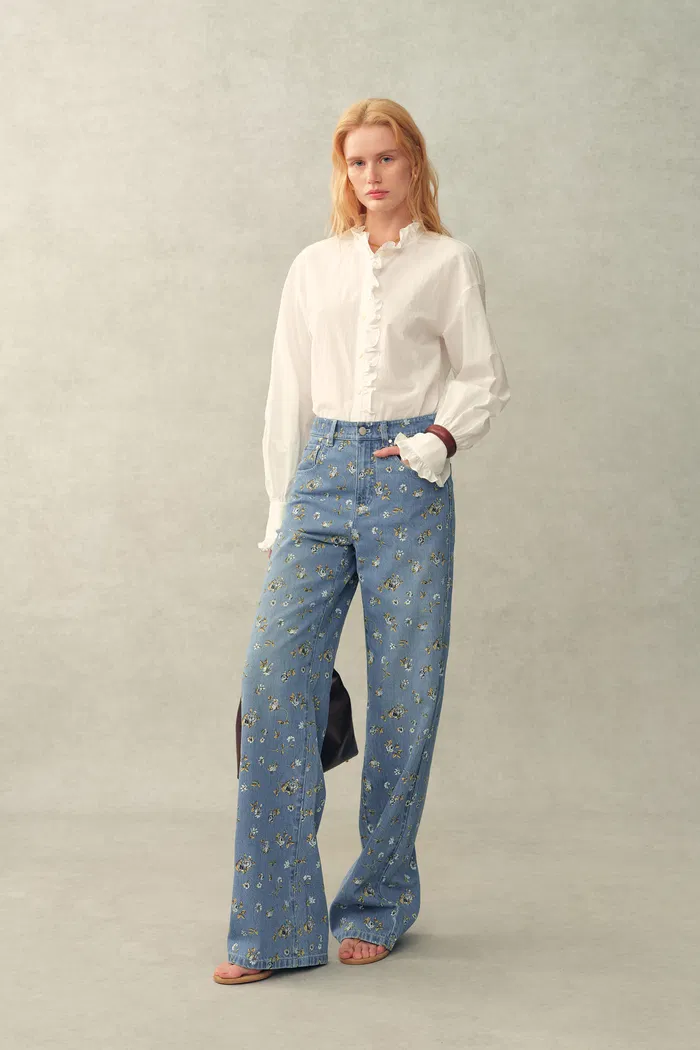 Dorel Floral Print Straight Leg Jeans in Linen Blend Denim - Image 4