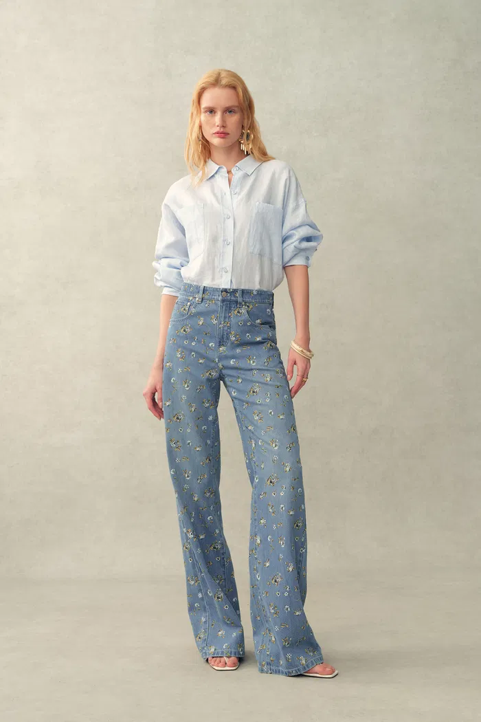 Dorel Floral Print Straight Leg Jeans in Linen Blend Denim - Image 5