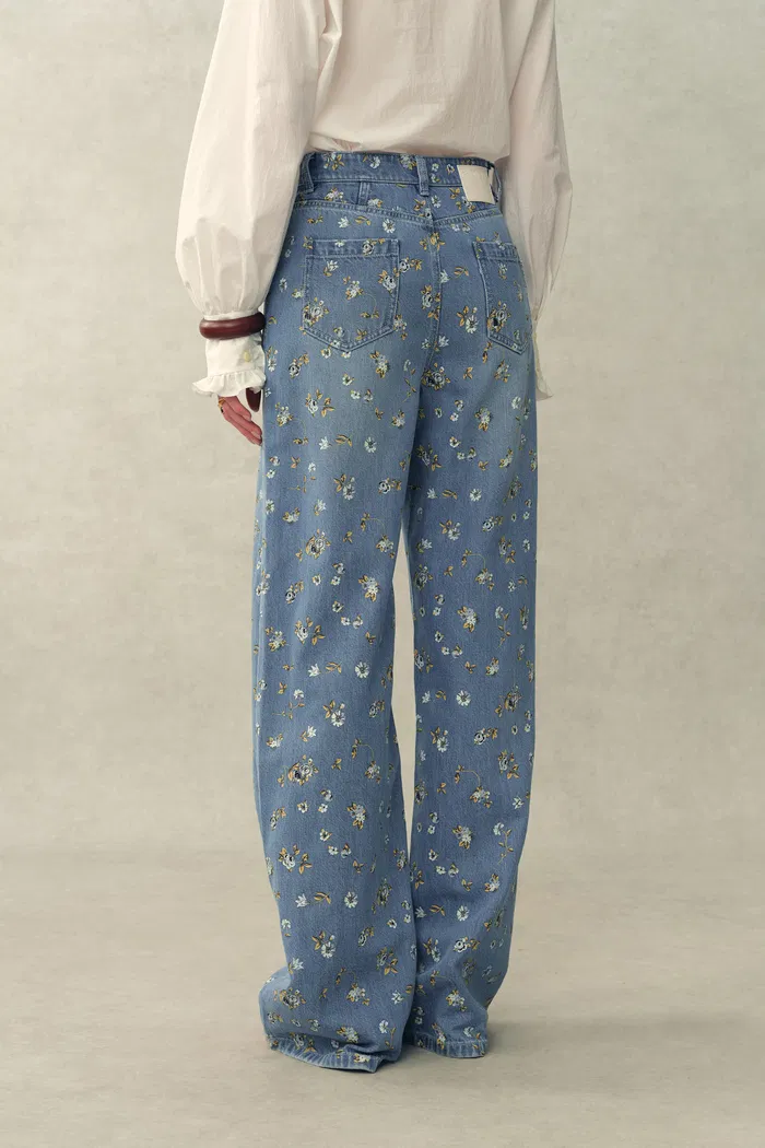 Dorel Floral Print Straight Leg Jeans in Linen Blend Denim - Image 6