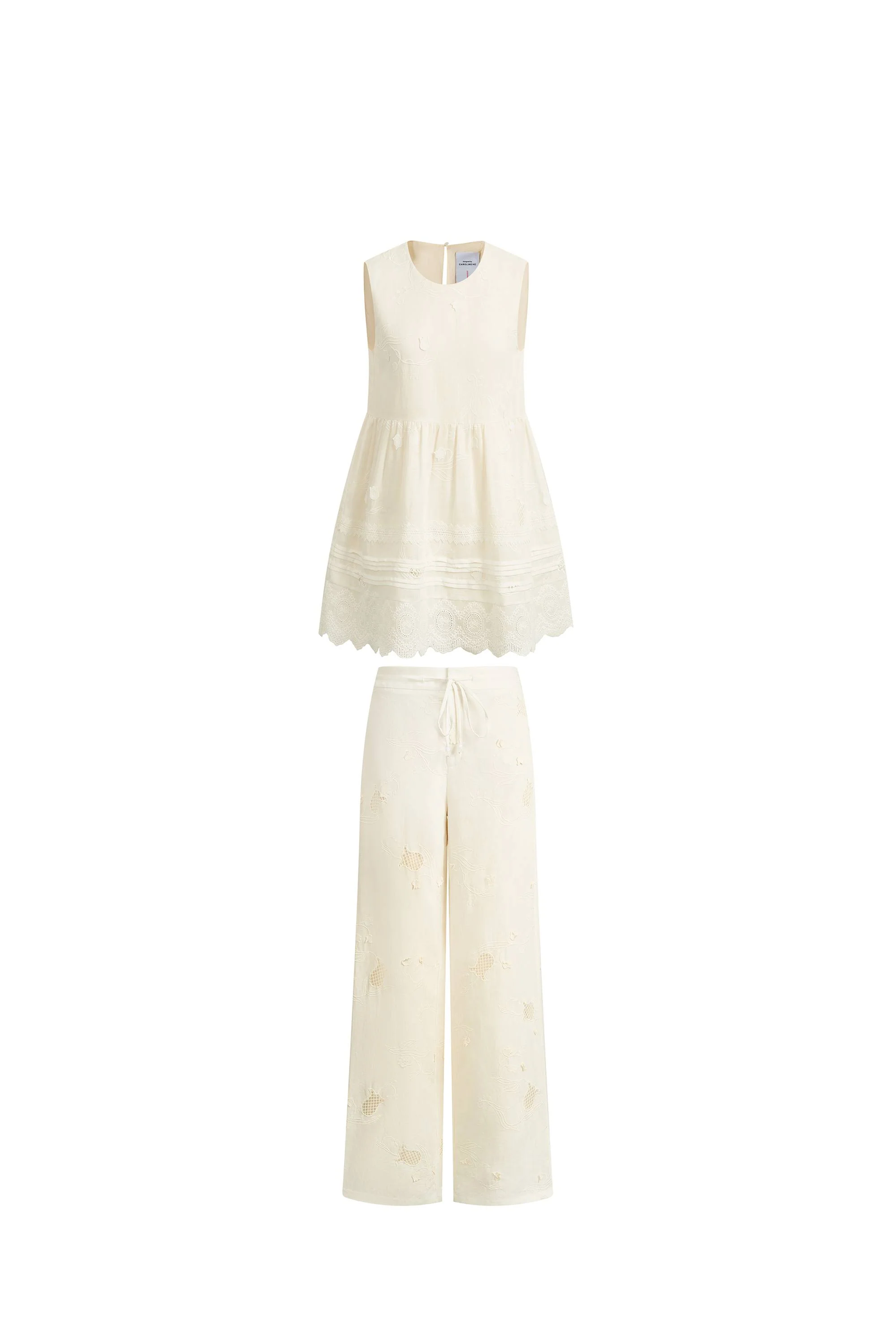 Doris Lily-of-the-Valley Lace Sleeveless Top and Pants Matching Set in Silk Linen Blend - Image 8