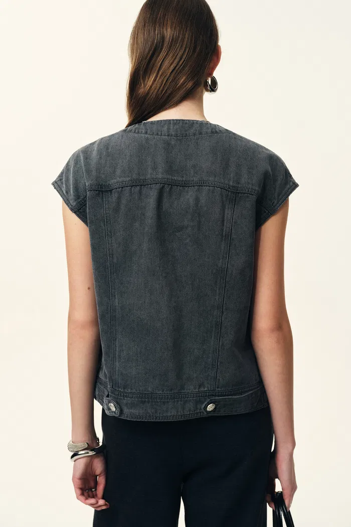 Drew Washed Gray Collarless Denim Vest in Cotton Denim - Image 3