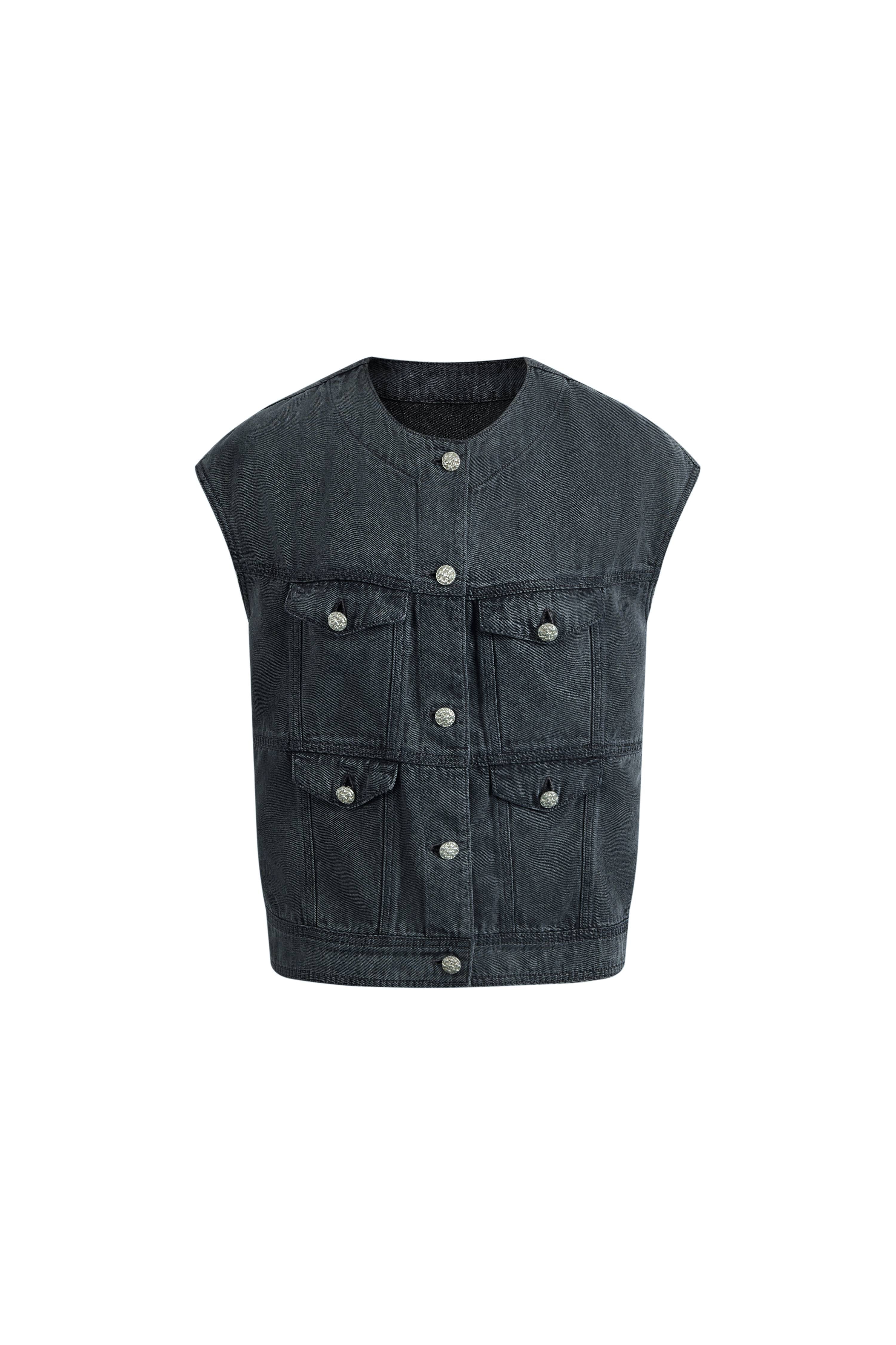 Drew Washed Gray Collarless Denim Vest in Cotton Denim - Image 7