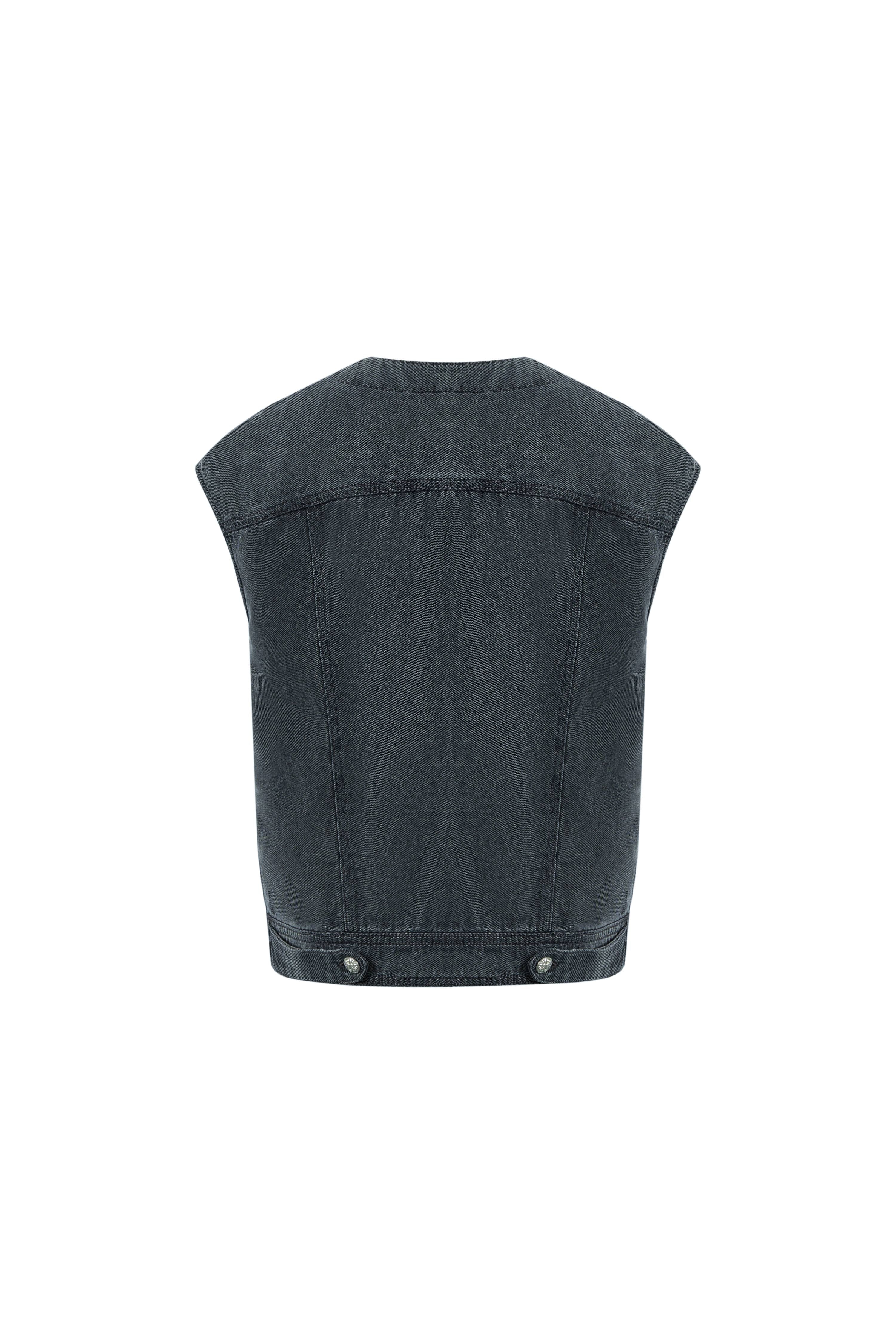 Drew Washed Gray Collarless Denim Vest in Cotton Denim - Image 8
