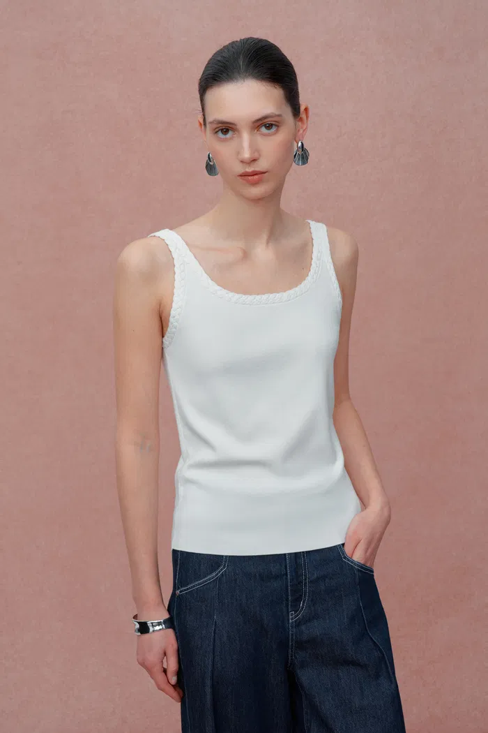 Dries Braided White Tank Top in Tencel-Silk Knit - Image 2
