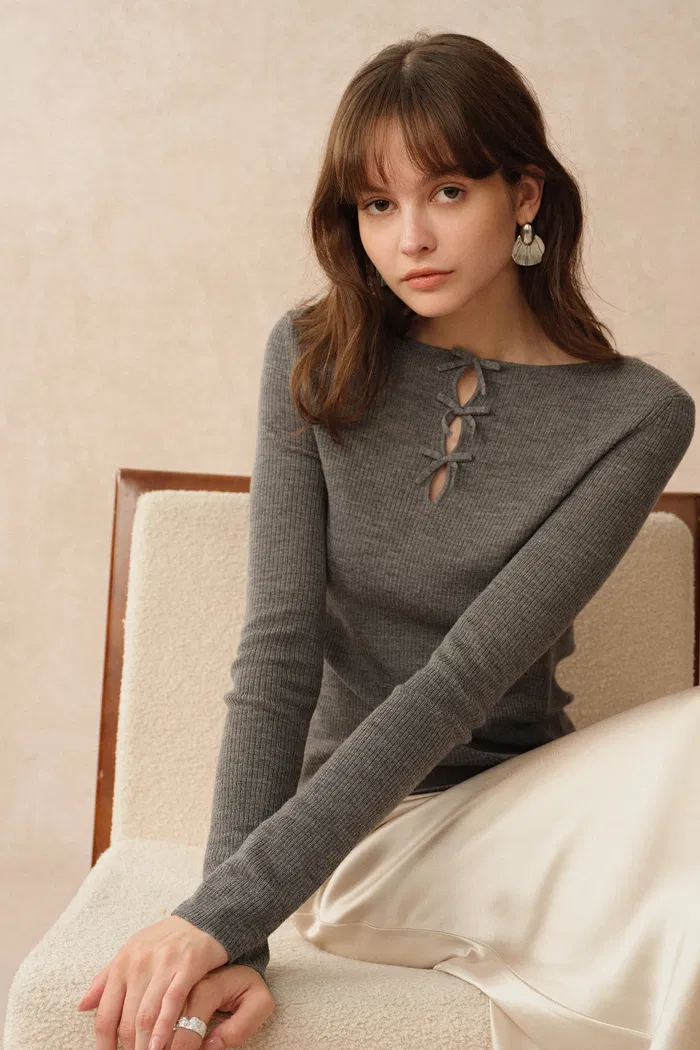 Eden Grey Bow Tie Cutwork Wool Long Sleeve Top in Merino Wool Knit - Image 2