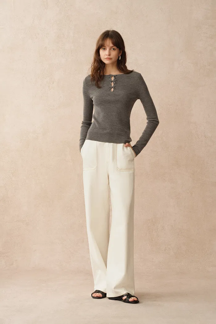 Eden Grey Bow Tie Cutwork Wool Long Sleeve Top in Merino Wool Knit - Image 3