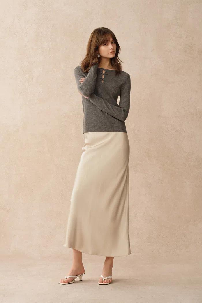 Eden Grey Bow Tie Cutwork Wool Long Sleeve Top in Merino Wool Knit - Image 4