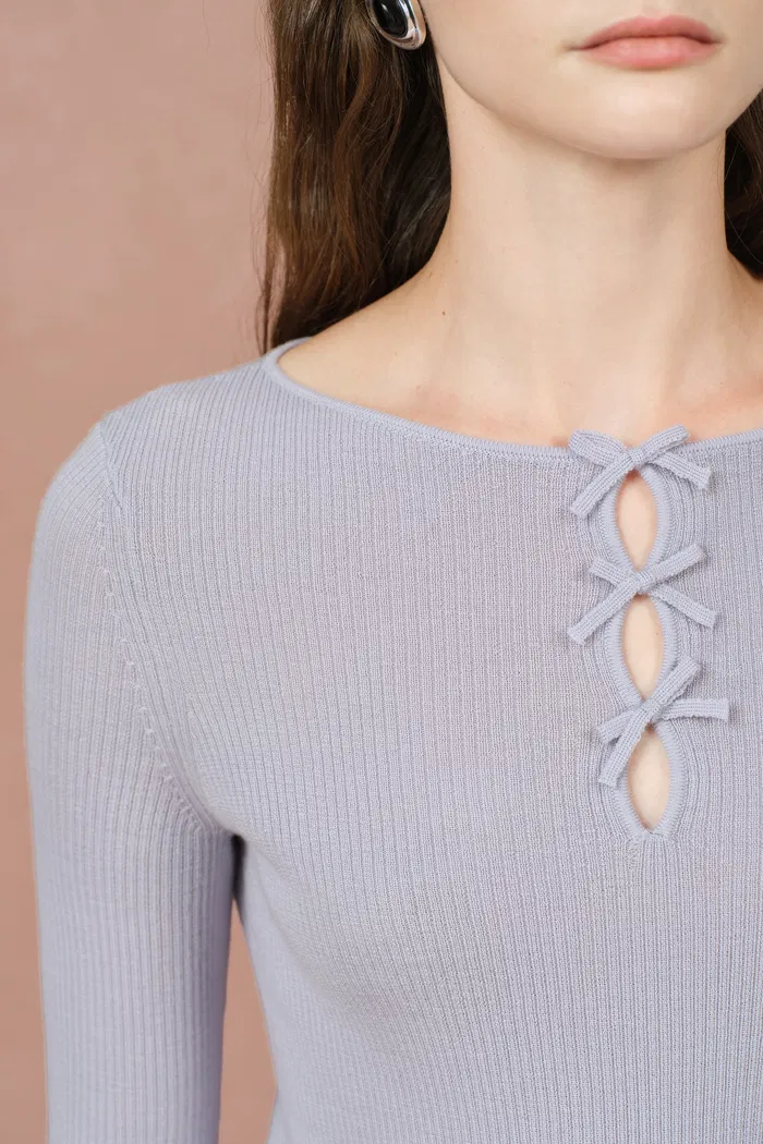 Eden Purple Bow Tie Fitted Top in Merino Wool with Stretch Knit - Image 7